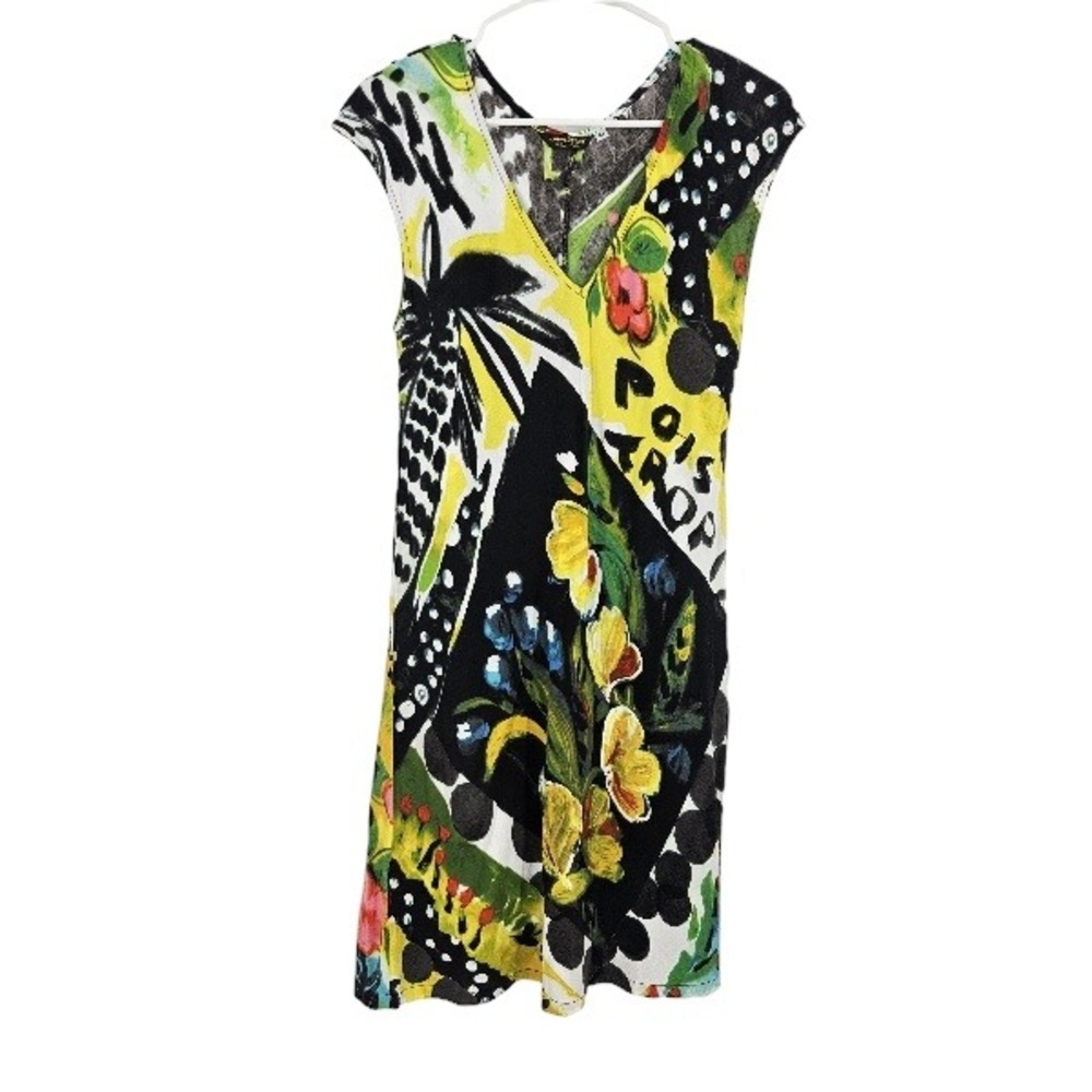 Jams World Parrot Cove Mini Dress Black Yellow Watercolor Floral V-Neck Mini M